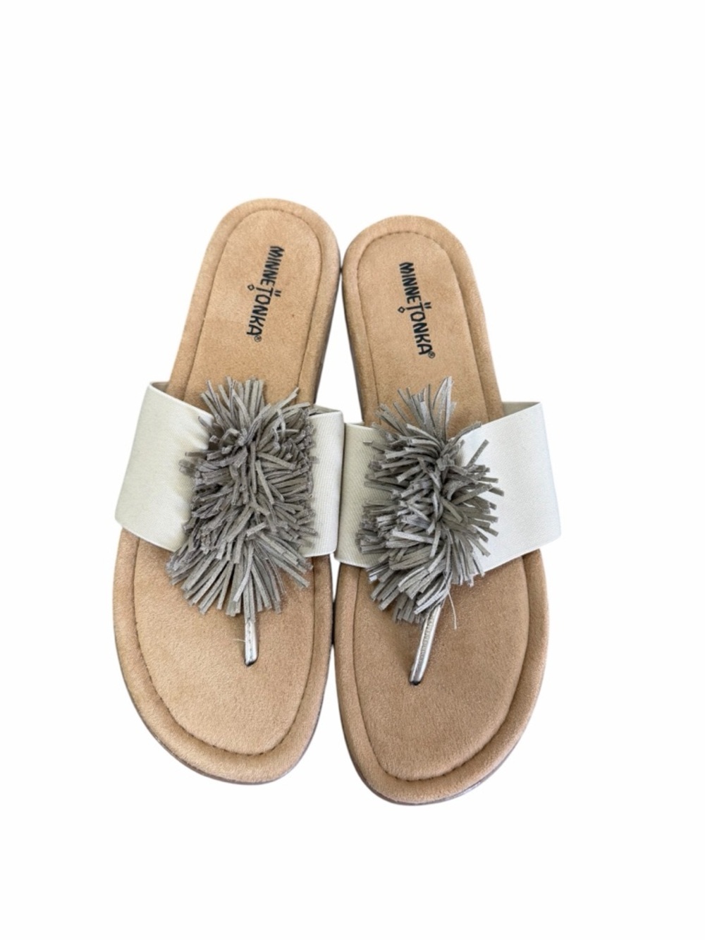 Minnetonka Tricia Women’s Thong Sandal Tan Fringe Pom Size 11
